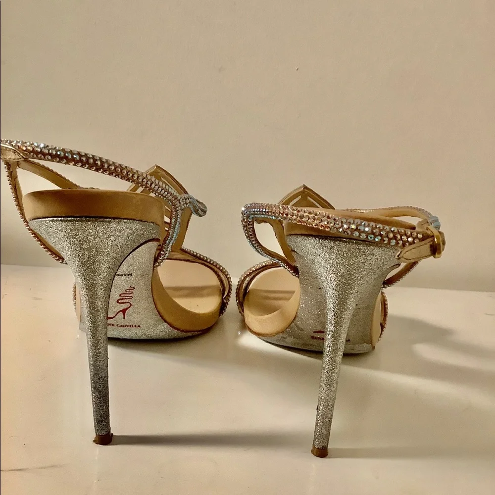Rene Caovilla Crystal Chevron T Strap Rhinestone Jeweled Slingback Sandals - Picture 3 of 9